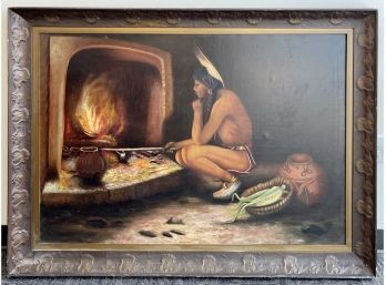 Native American Original Oil Painting In Style Of E. Irving Couse