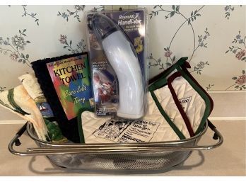 Metal Basket With Kitchen Pot Holders And Towels, Reynolds Hand-Vac
