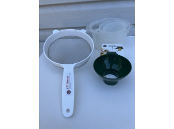 Canning Funnel, 8 1/4 Strainer And Three Liquid Measure Cups