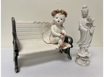 Angel On A Bench & Porcelain Figurine