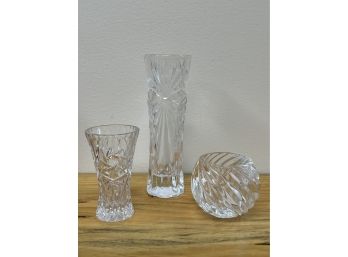 2 Pressed Glass Bud Vases 4' & 7.5' & Votive Holder
