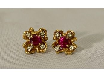 18k Ruby Diamond Flower Style Earrings