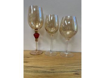 Set Of 3 Amber Luster  Stemware, One With Red Jewel