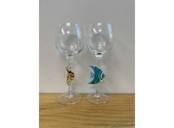 Set Of 2 Stemware, One With Fish And One With Seahorse
