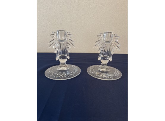 Pair Of Etched Crystal Candle Holders
