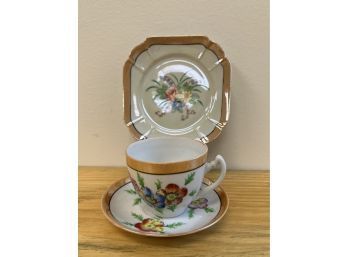 3 Pc No Name Japanese Lusterware Cup & Saucer With Dessert Plate
