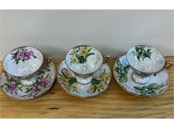 Set Of 3 Monthly Cups & Saucers In Luster