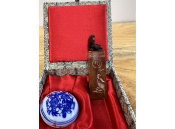 Vintage Chinese Lion Stamp With Red Ink And Porcelain Holder