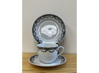 3 Pc No Name Black & White Cup & Saucer With Dessert Plate