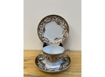 3 Pc No Name Cup & Saucer With Dessert Plate, Embossed With Gold Trim