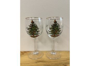 2 Spode 'Christmas Tree'  Wine Glasses 7' Tall