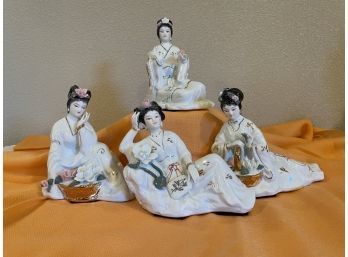 Set Of 4 Porcelain Geisha Figurines W/gold Accents