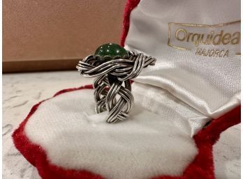 Silver Braided And Green Stone Ring