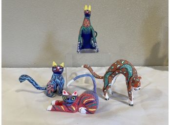 Lot Of 4 ~ Painted Cats, Mexico - Artists Signatures