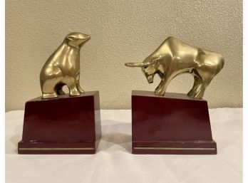 Pair Of Brass Bear And Bull Bookends