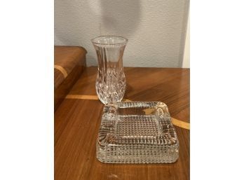 Lead Glass Vase 5.5' High & Glass Ashtray- 4.5' Square