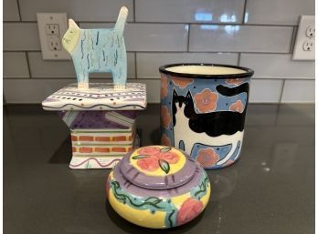 Three Ceramic Hand Painted Containers Some Have Cats