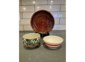 Lot Of 3: Small Painted Bowls & Lacquered Woven Plate