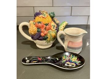 Lot Of 3: Long Rich Teapot, Studio Pottery Creamer, New Orleans Spoon Rest