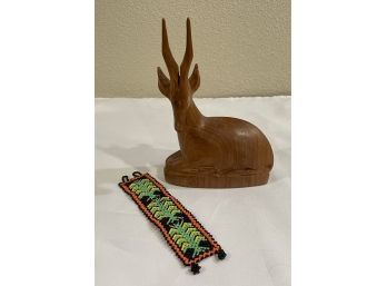 Lot Of 2:  Wooden Carved Antelope And Small Hand Beaded Panel
