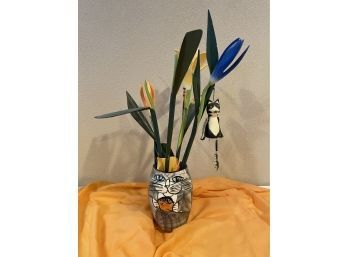 Wooden Floral Arrangement W/Cat Vase ~ Signed By Artist