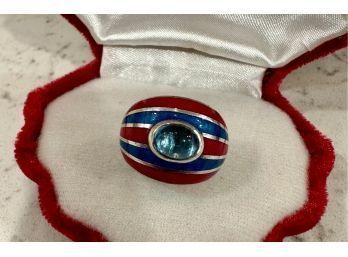 Sterling And Red And Blue Enamel Ring