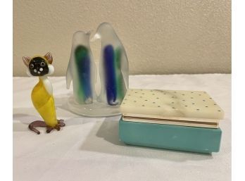 Lot Of 3: Partylite Penguin Candle Holder, Glass Cat And Trinket Box
