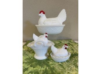 Lot Of 3 Milk Glass Chicken Candy Dishes