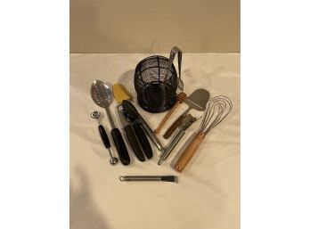Lot Of Kitchen Utensils In Decorative Wire Canister