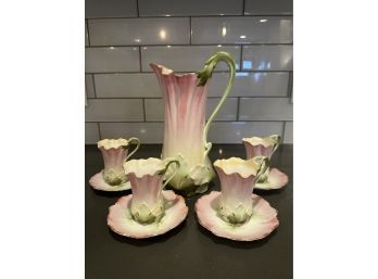 Floral Chocolate Pot With Four Cups And Saucers