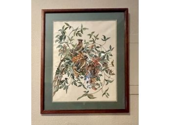 Watercolor Bird And Berry Framed Painting ~ Unknown Artist