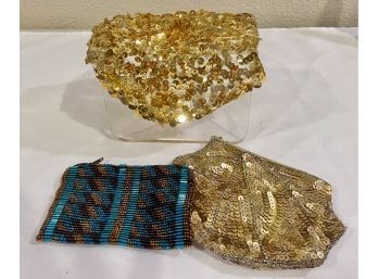 Lot Of 3: 2 Beaded And Sequined Coin Purses And Gold Sequined Head Adornment