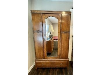 Antique Oak Armoir 1 Door W/Mirror, 1 Drawer