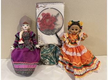 Lot: 2 World Dolls, Asian Fan And 3 Section Porc Bowl