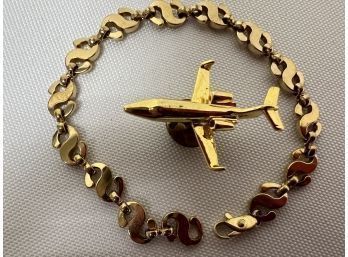 Gold Toned Costume Jewelry Bracelet & Airplane Pin