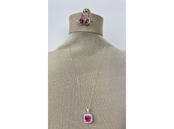 14K Pink Tourmaline Color Stone Necklace And Earrings