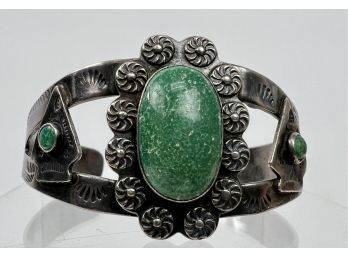 Vintage Native American Cuff Bracelet With Green Stone