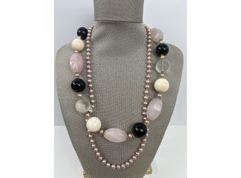 Vintage Rose Quartz And Faux Pearl Necklace