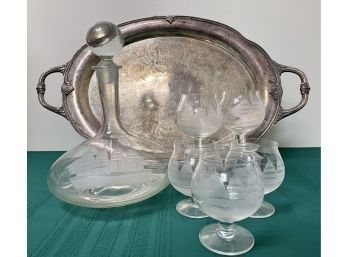 Vintage Etched Crystal Clipper Ship Decanter With 6 Brandy Cognac Snifter Set & Tray