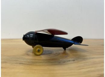 Vintage Tin Toy Airplane With Wood Wheels