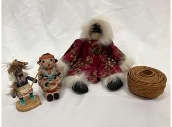 Lot Of 4, Basket, Eskimo Doll, Mexican Figurine
