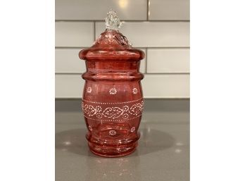 Blown Glass Cranberry Small Biscuit Jar With Beading