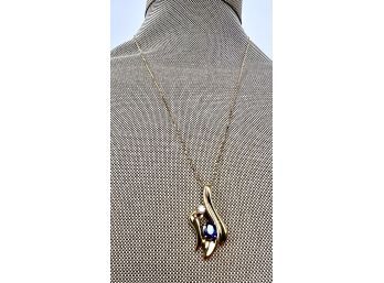 14K Yellow Gold Freeform Lab Grown Sapphire And Diamond Pendant Necklace