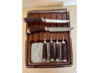 Set Of 6 Cutlass Antler Handles Steak Knives W/block ~ Stainless, England