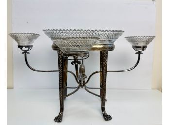 Epergne With Cut Crystal Bowls Silver Plate Centerpiece