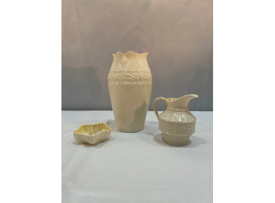 Belleek Cream Jug, Vase, & Salt Bowl