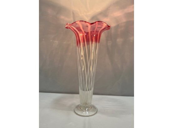 Cranberry & White Candy-striped Vase