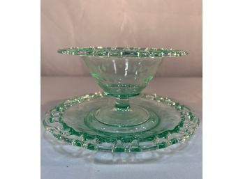Green Open Lace Depression Glass Bowl & Plate