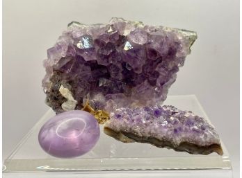 Lot Of 3 Amethyst Crystals & Polished Stone