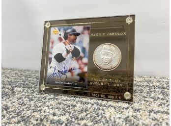 Reggie Jackson Signed Baseball Card, And Coin, 1 Troy Oz. .999 Fine Silver